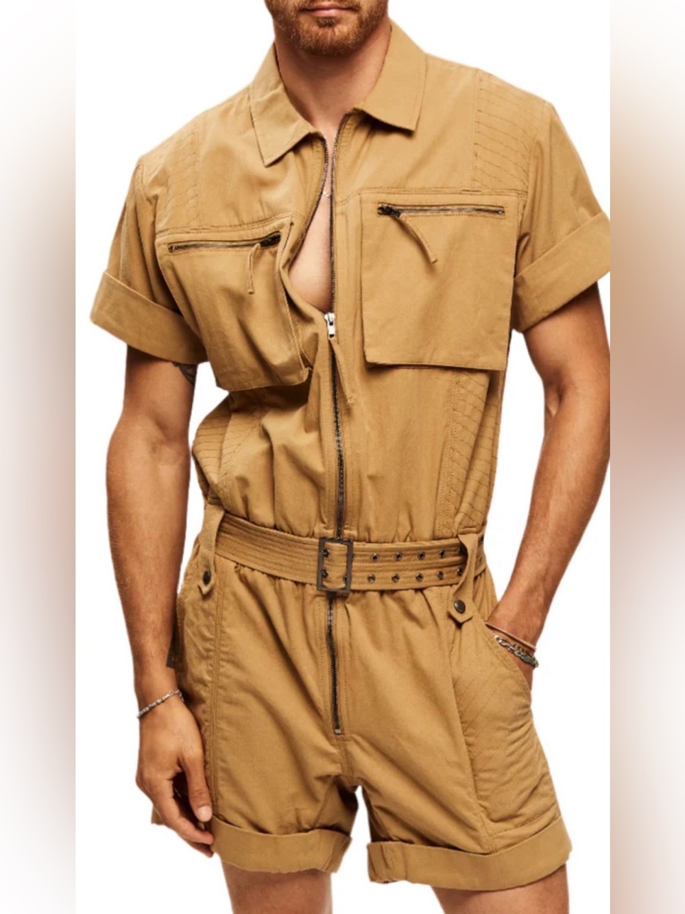 SER.O.YA UNISEX Sean Utility Romper Tan Khaki Cotton Belted Short Sleeve Size S
